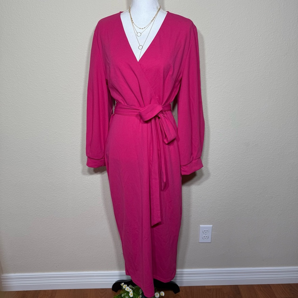 Hot pink v neck wrap tie maxi long sleeve thick back zip dress